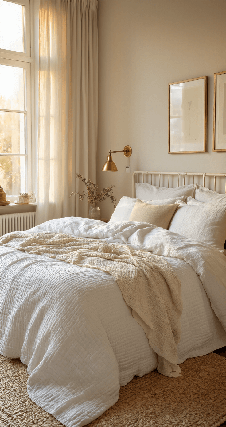 Intieme slaapkamer bij golden hour met een klassiek tweepersoonsbed bedekt met wit Egyptisch katoen, linnen kussens in room- en vanilla tinten, vintage messing wandlampen en warme verlichting.
