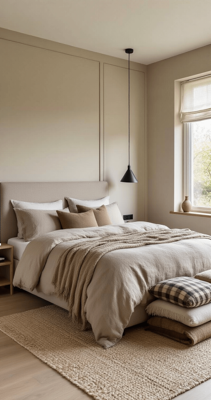 Moderne hoofdslaapkamer met taupe dekbedovertrek van stonewashed linnen, beige wandpanelen, zwarte designlampen en warme houtaccenten. Aardetinten gestapelde kussens en cashmere plaid aan voeteneinde. Birds-eye view compositie in gecontroleerd natuurlijk licht.
