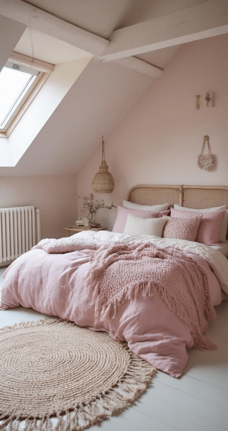 Lichte zolderkamer met pastelroze dekbedovertrek en vintage rotan details, gefotografeerd tijdens blauwe uurtje vanuit dramatisch perspectief, met gelaagde styling van kanten kussens en gehaakte plaids.