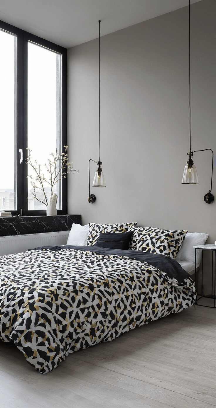 Compacte slaapkamer met een geometrisch zwart-wit dekbed met gouden accenten, minimalistische zwarte wandlampen, en een marmeren bijzettafel. Een spiegelpaneel vergroot de ruimte, gefotografeerd vanuit een hoek met studio-achtige belichting.