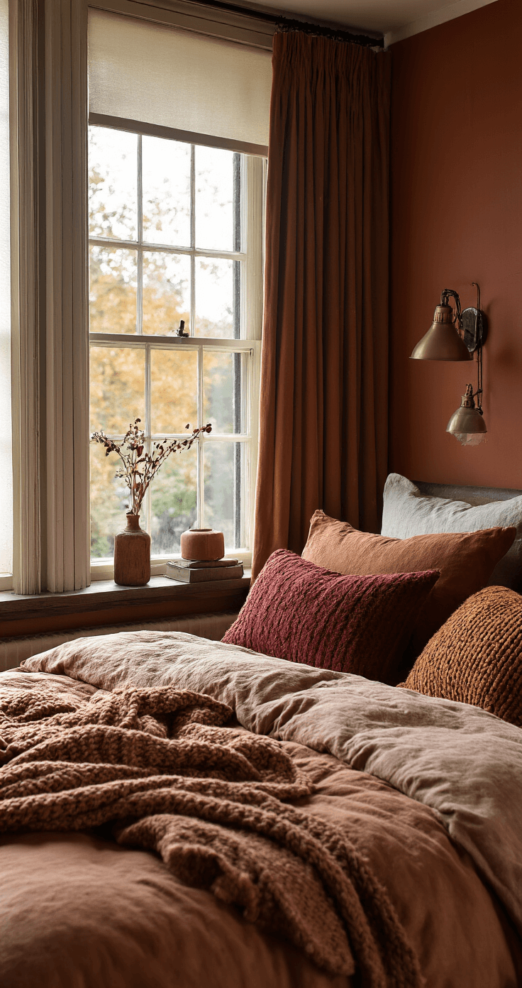 Intieme close-up van een herfstachtige slaapkamer met een warm terracotta dekbedovertrek, zware fluwelen gordijnen en donkere houtaccenten, versierd met burgundy en cognac kussens en een chunky knit plaid, omgeven door sfeervolle ambient verlichting.