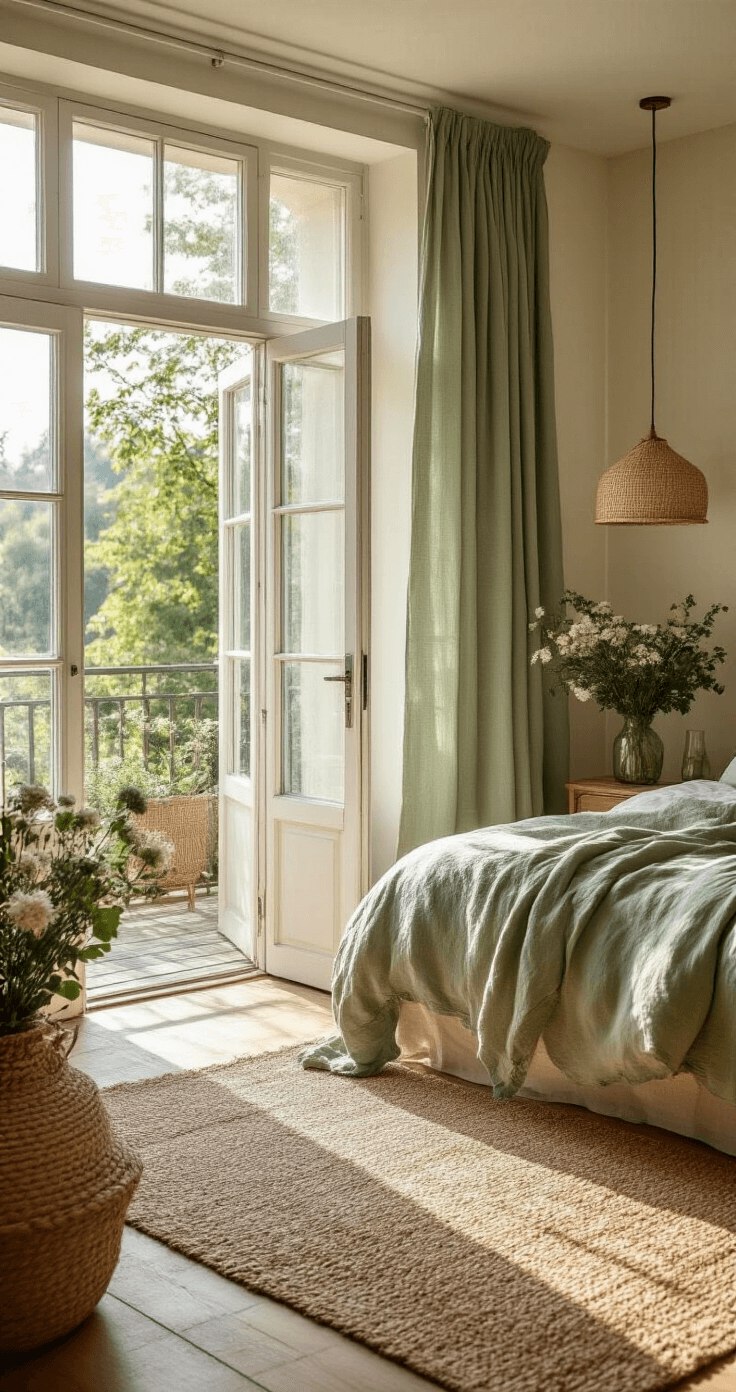 Lichte zomerse slaapkamer met French doors naar balkon, ingericht met een sage groen linnen dekbedovertrek, rieten mand, verse bloemen en een jute vloerkleed. Ochtendzon valt binnen en creëert een frisse, botanische sfeer.