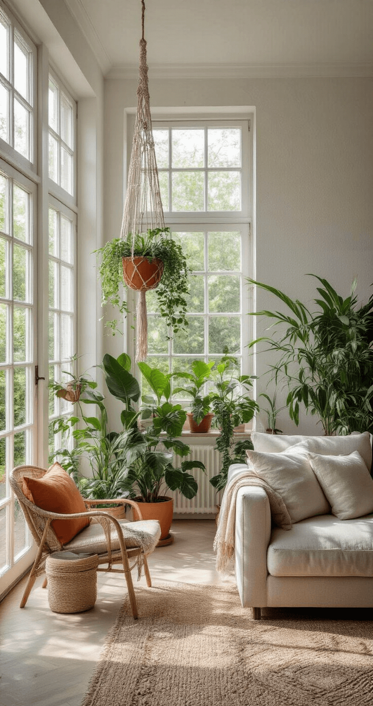 Moderne woonkamer met hoge plafonds, grote ramen en zonlicht. Drie hangpotten in terracotta met Scindapsus planten hangen in de hoek. Macramé hangers contrasteren met de witte muren.
