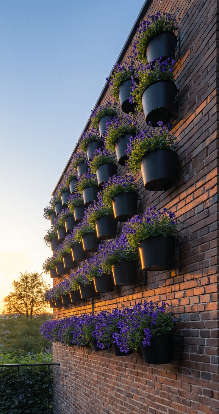 Een industrieel balkon bij zonsondergang met matzwarte metalen hangpotten in cascades gevuld met paarse en witte Lobelia's tegen een verweerde bakstenen muur. Het warme avondlicht valt op de bakstenen in een dramatische low-angle shot.