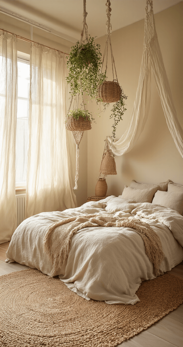Bohemian slaapkamer met linnen bedspread in ecru, rotan hangpotten met Rhipsalis, natuurlijke materialen en aardetinten, zachte texturen van jute en macramé, gezien vanuit het plafond met ochtendlicht door vitrage.