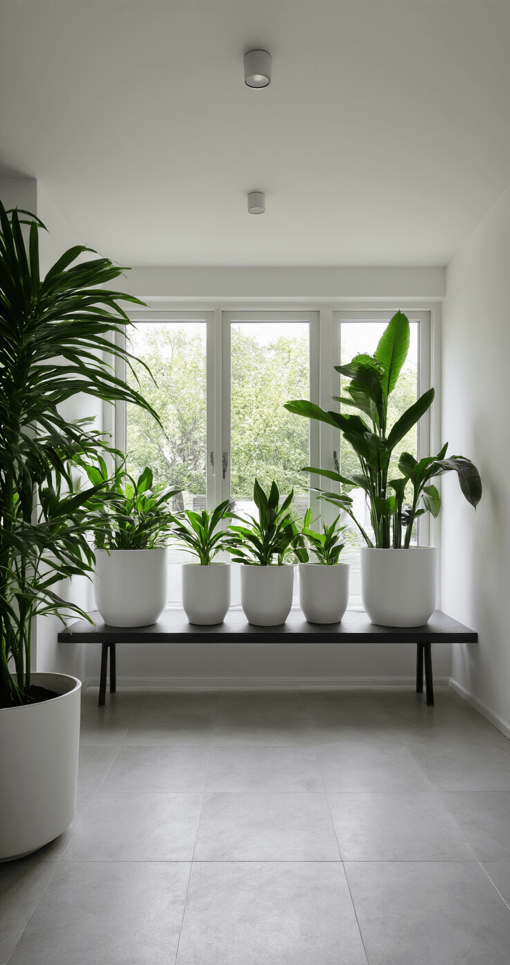 Minimalistisch thuiskantoor met hoog plafond, witte keramische hangpotten met groene planten, zwart-wit interieur en geometrische vormen, frontaal perspectief en schone studio verlichting.
