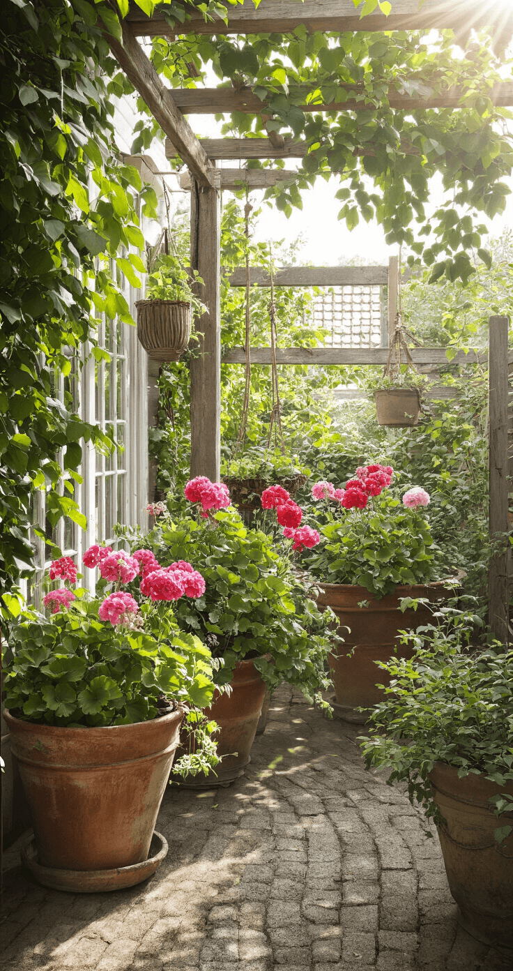 Een rustieke buitenveranda met verweerde terracotta hangpotten gevuld met kleurrijke geraniums en klimop, onder een houten pergola. Een Dutch angle shot dat natuurlijk strijklicht en lens flare vastlegt.