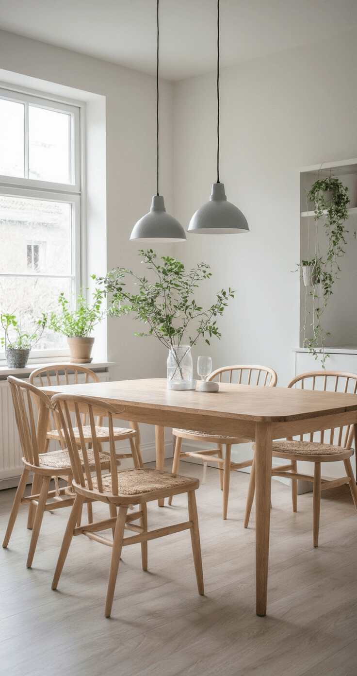 Een Scandinavische eetkamer met daglicht, lichtgrijze hangpotten boven een eiken eettafel, minimalistische stijl met bleek hout en witte accenten, en hangplanten als natuurlijke roomdivider.