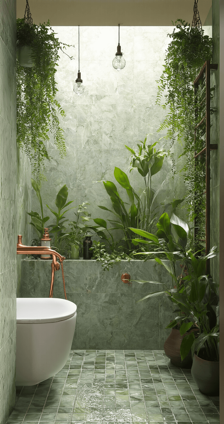 Tropische badkamer met marmeren tegels, groene glazen hangpotten met varens, en koperen accenten, in een vochtige, spa-achtige sfeer. Close-up van waterdruppels verlicht door spotlighting.