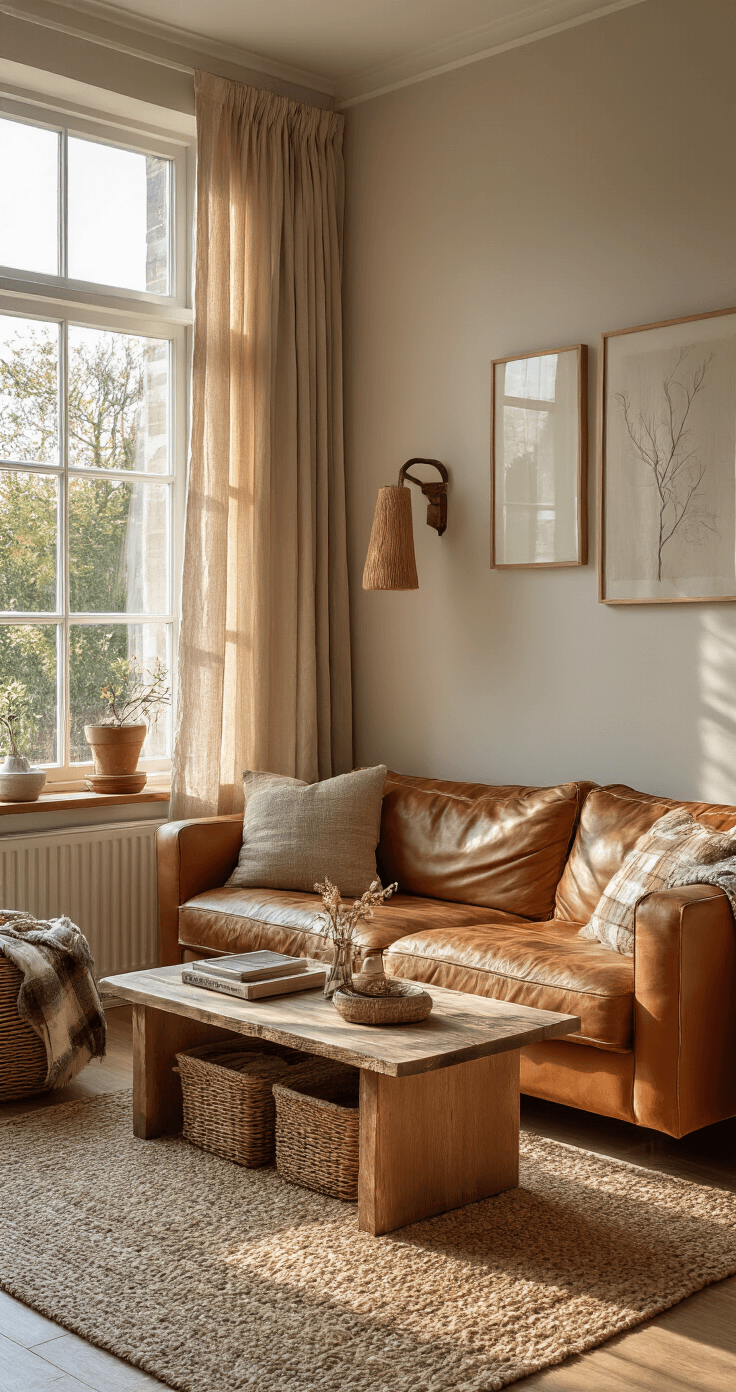 Een compacte woonkamer van 4x5m tijdens het gouden uur, met warm zonlicht dat door hoge ramen met linnen gordijnen valt. Centraal een cognackleurige leren salontafel met opbergruimte, zandkleurige bank met opberglades, en zwevende eikenhouten wandplanken in een asymmetrisch patroon. Texturen van gebreid plaid, velours kussens en een jute vloerkleed. Gezien vanuit ooghoogte onder natuurlijk licht, in een hoek van 45 graden.