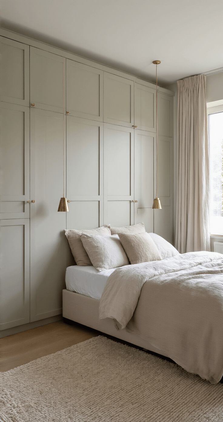 Slaapkamer met vloer-tot-plafond opbergsysteem in zachtgrijs, boxspringbed met ingebouwde lades in lichtbeige, minimalistisch nachtkastje en zachte ochtendverlichting.