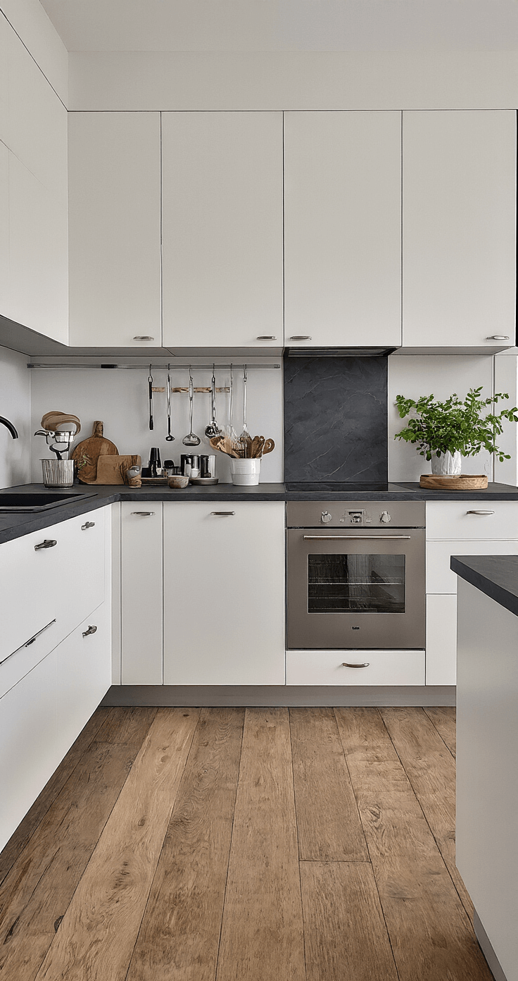 Moderne keuken met hoogglans witte kastfronten, kookeiland met marmerpatroon en verborgen opberglades, verticale kruidenrekken, RVS apparatuur, mat zwart werkblad en eiken planken vloer, gefotografeerd vanuit een bovenaanzicht van 30 graden in middenlicht.