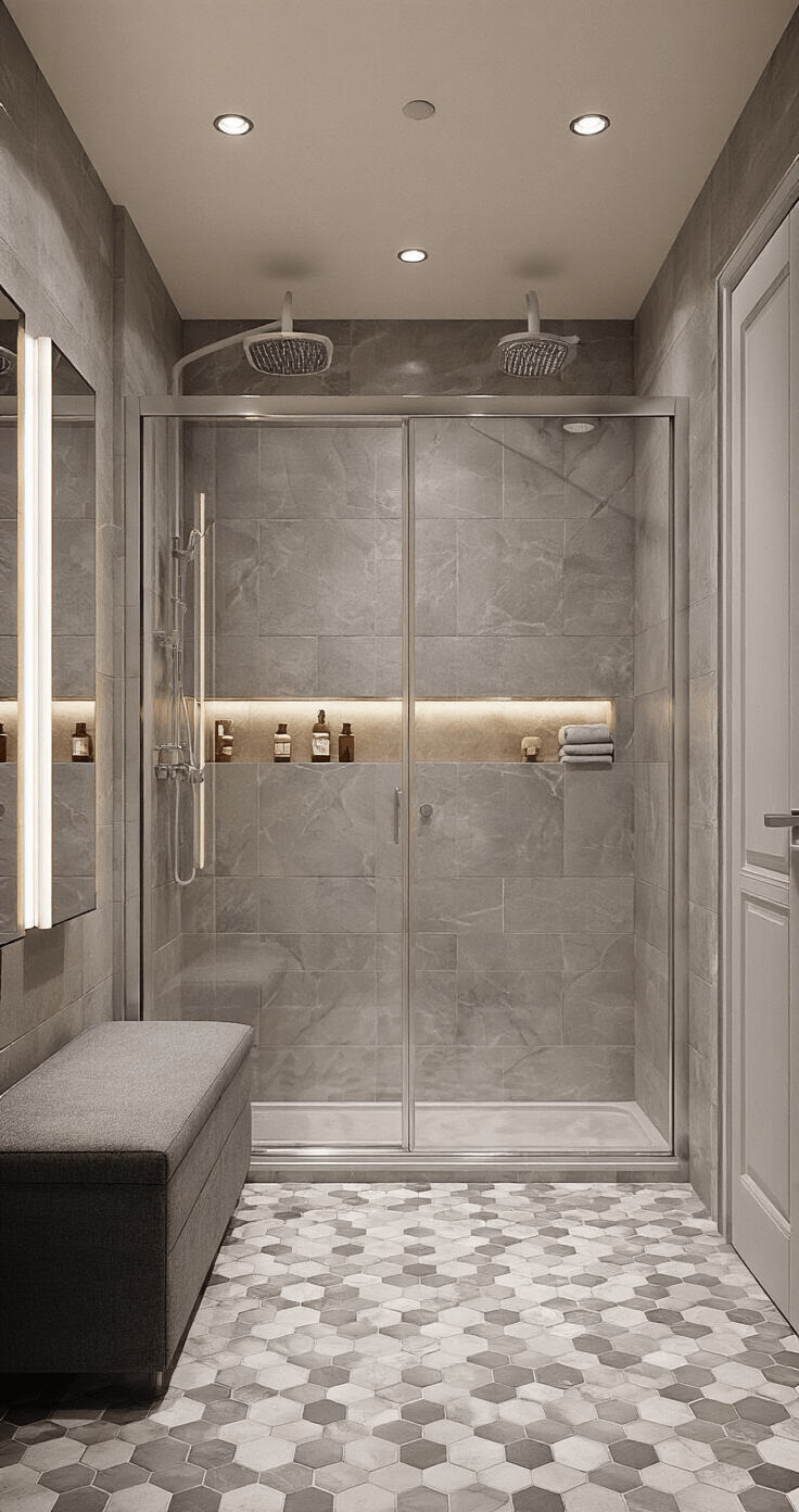 Ruimtebesparende spa-stijl badkamer van 2x3m met zwevend wasmeubel in antraciet, verlichte spiegelkast, glazen douchewand en hexagon tegels, sfeervol verlicht vanuit een laag standpunt.
