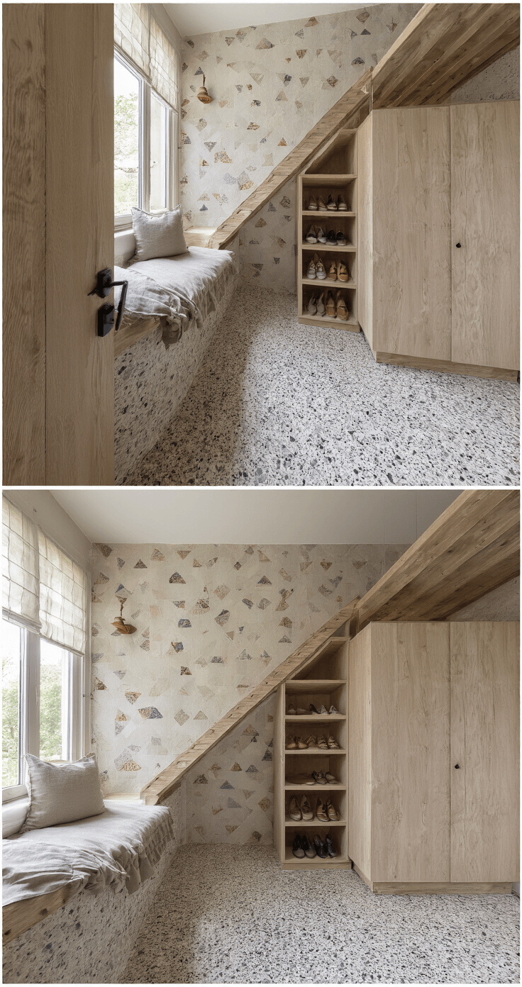 Interieur van een gang met trapopgang, verlicht door natuurlijk daglicht. Maatwerk trapkast in vergrijsd eiken en een zwevende schoenenkast met spiegelpaneel. Wandhaken in geometrisch patroon. Texturen van linnen behang en terrazzo vloer, gefotografeerd vanuit een centrale, omhoog gerichte perspectief.
