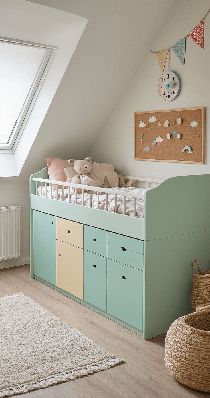 Een kleurrijke kinderkamer (3x4m) met een stapelbed in pastelmint, ingebouwde kasten, modulaire speelgoedopberg in regenboogkleuren, en een magneetbord met opbergbakjes. Zachte vloerkleden en een kurk prikbord creëren een speelse ochtendsfeer. Gezien vanuit kinderhoogte met vrolijk daglicht.