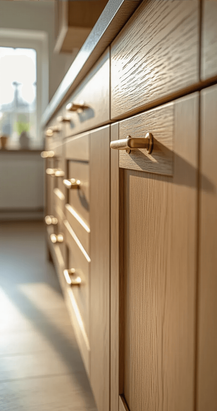 Close-up van een moderne keukenkast met mat eiken front en geborsteld messing handgreep, gefilmd vanuit 45 graden in natuurlijk middaglicht. Textuur van het hout is zichtbaar door strijklicht, met diepte door schaduwwerking rond de greep.