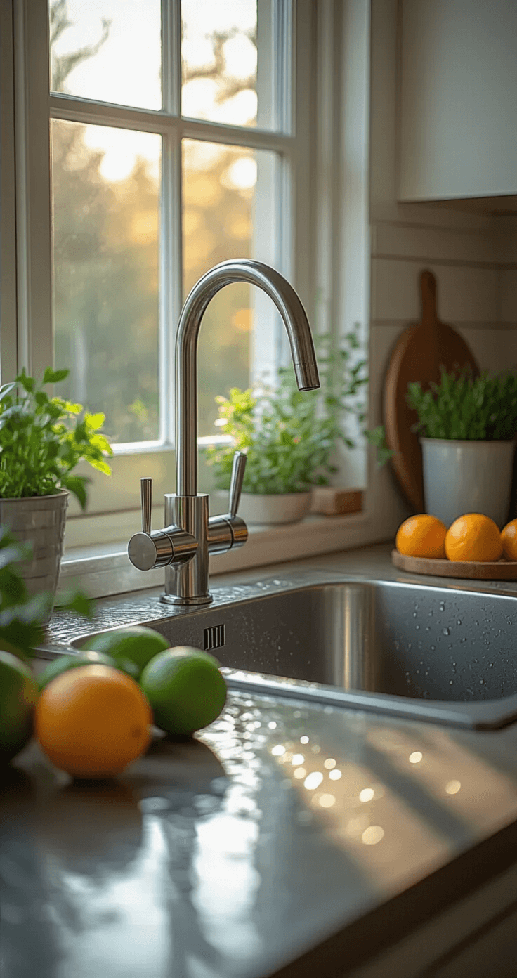 Stilleven van een roestvrijstalen spoelbak met een moderne mengkraan in geborsteld nikkel. Zacht middaglicht reflecteert op het natte oppervlak, met een groene afwasborstel en citrusfruit in een glazen schaal als kleuraccenten.