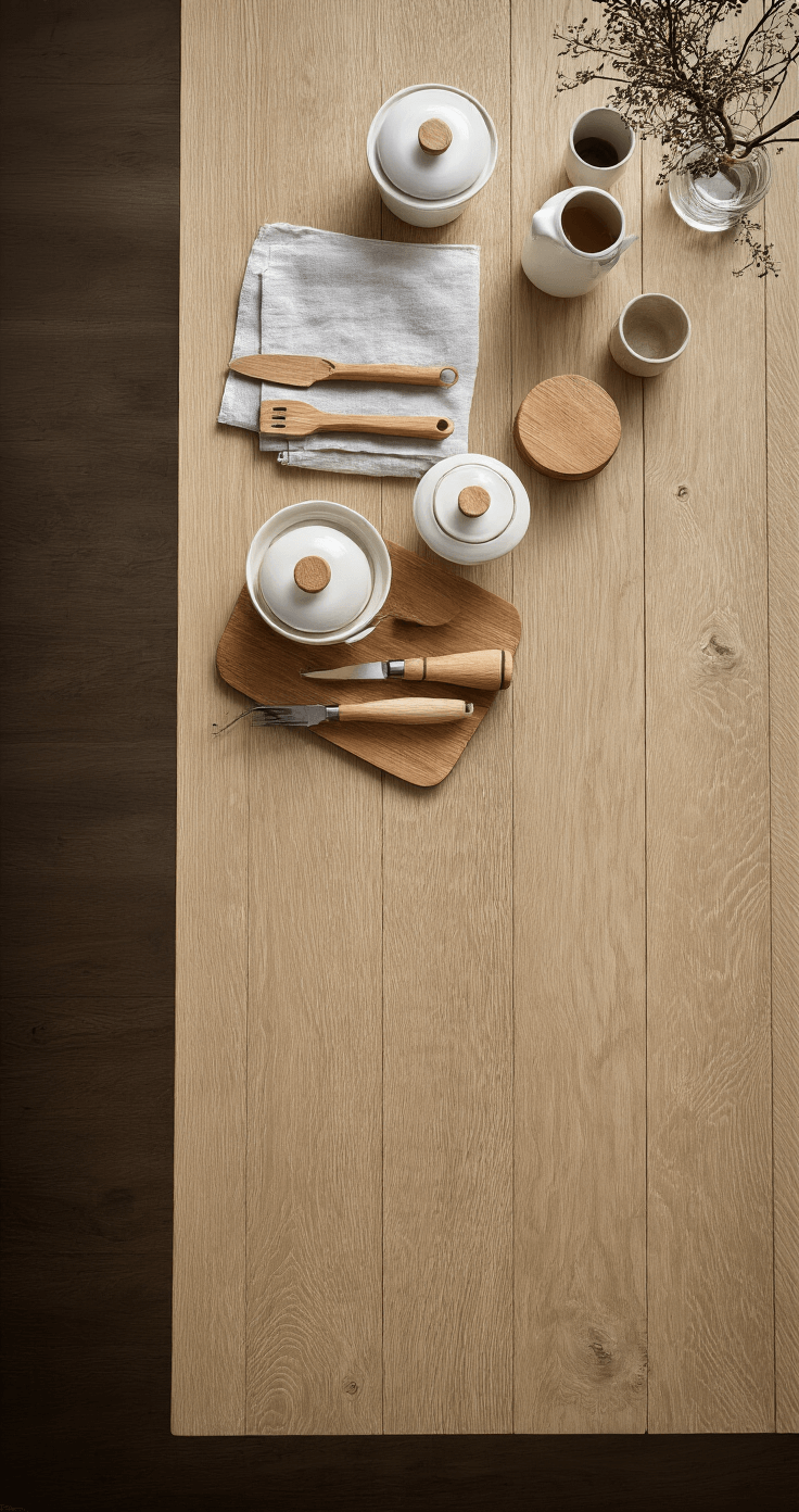 Bovenaanzicht van een licht eiken werkblad met georganiseerde keukenaccessoires: witte keramische potten met houten deksels, linnen theedoeken in aardetinten en snijplanken in verschillende formaten, belicht met diffuus daglicht.