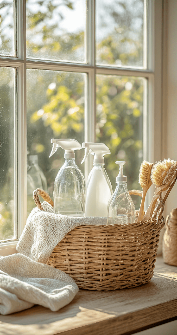 Een eco-vriendelijke schoonmaakhoek met glazen spuitflessen met handgeschreven labels, natuurlijke borstels met houten handvatten en linnen doeken in een mand van gevlochten zeegras, verlicht door warm middaglicht dat door matglas valt.