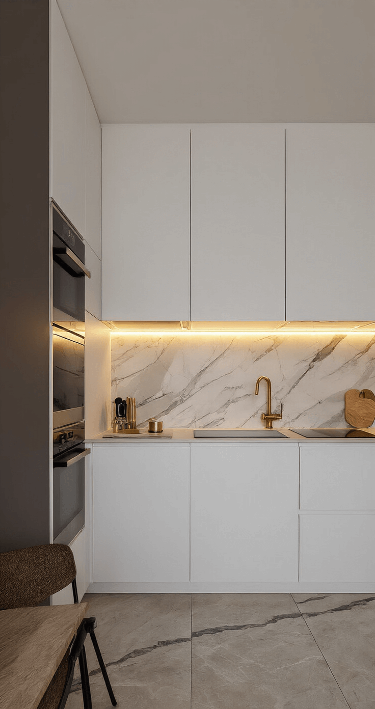 Minimalistische keukenhoek met strakke witte kasten, geïntegreerde apparatuur en dimbare LED-verlichting. Marmeren spatwand en messing designaccessoires creëren een warme sfeer.