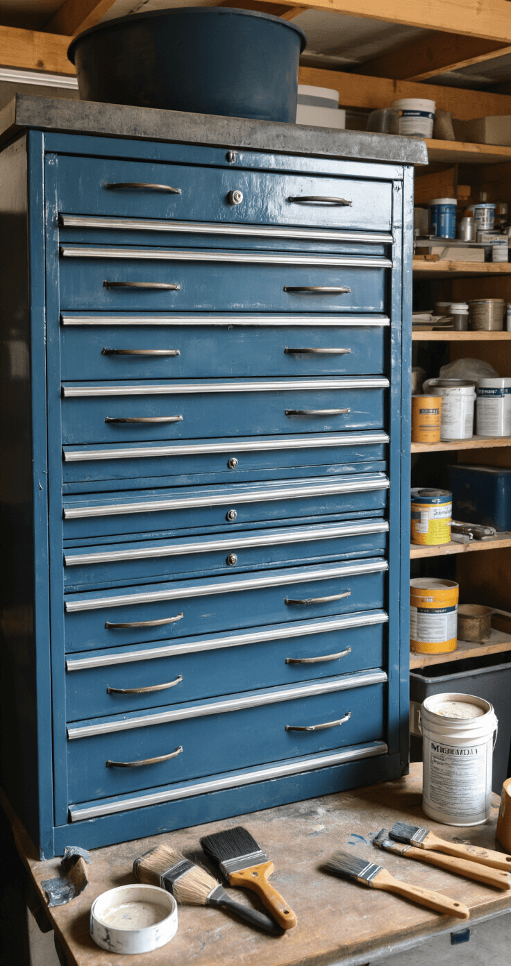 Close-up van een klassiek jaren '50 metalen kastje dat diep marineblauw wordt geverfd in een garage-werkplaats, met zorgvuldig uitgestalde verfbenodigdheden op een werkbank.