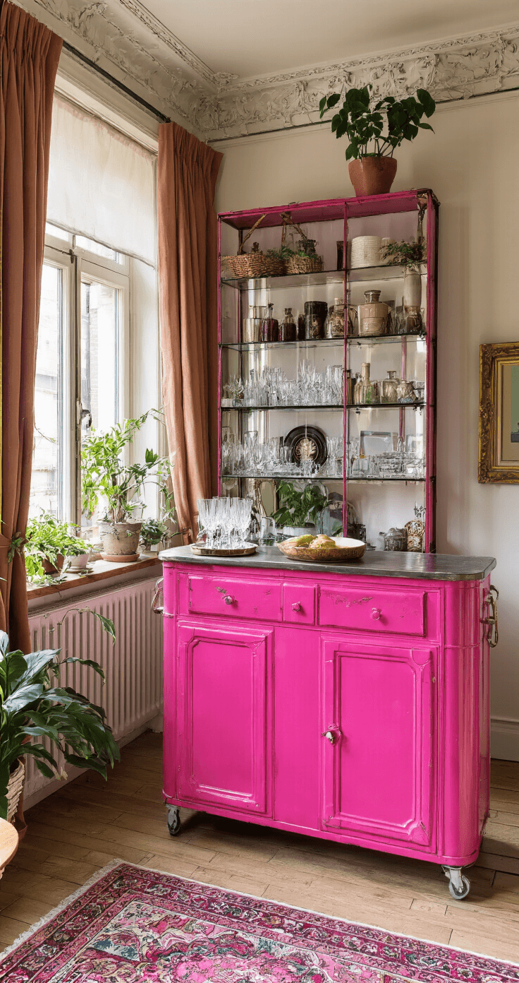 Bohemian woonkamer met felroze vintage metalen apothekerskastje als bar-meubel, hoge plafonds met originele ornamenten en middaglicht dat door kanten gordijnen valt. Stylish gestyled met kristallen glazen in een eclectische en uitnodigende sfeer.