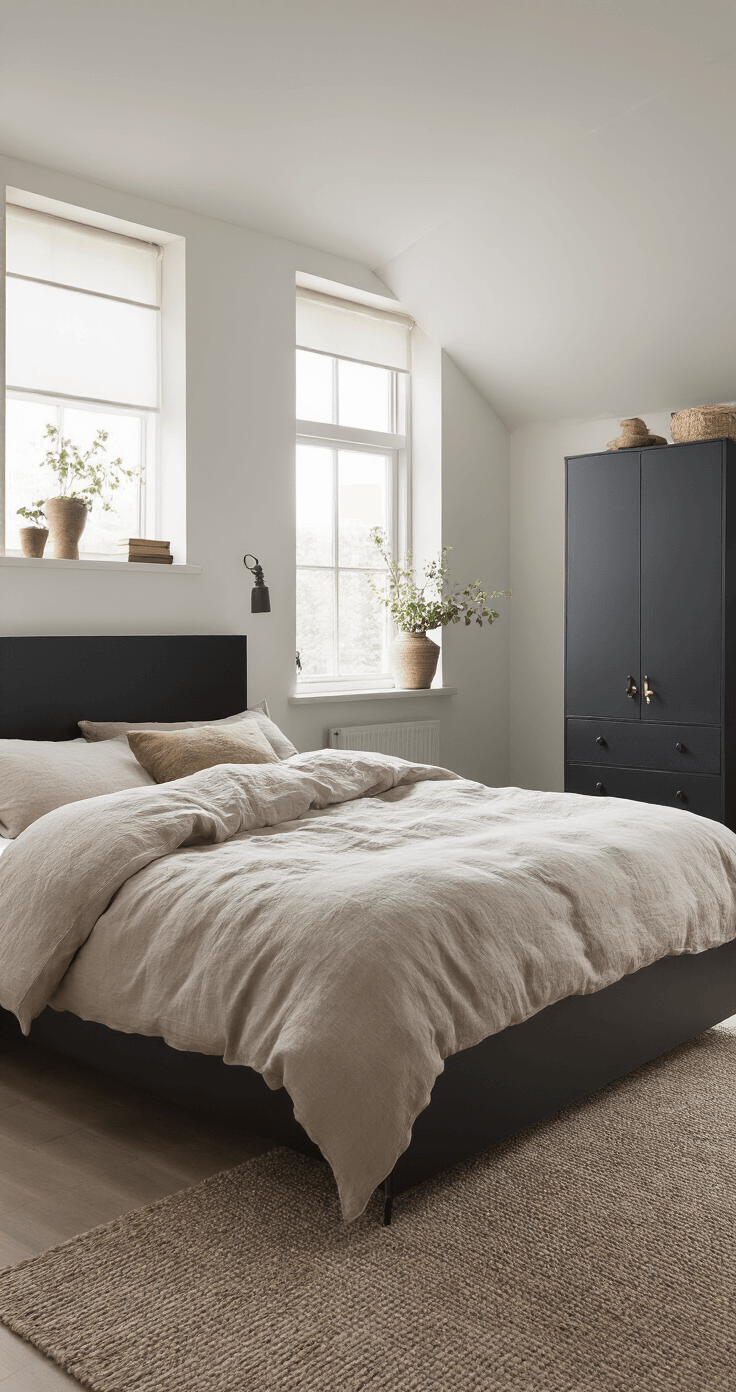 Moderne minimalistische slaapkamer met een matzwart metalen nachtkastje, aardetinten beddengoed en grote raampartij die geometrische patronen van ochtendlicht creëert.