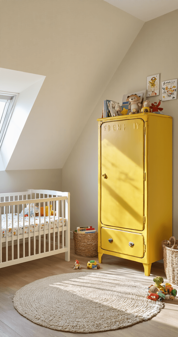 Een vrolijk geel vintage lockerkastje staat naast een wit kinderbed in een speelse, warme kinderkamer van 3x3 meter, met een schuine wand. De zachte namiddagzon verlicht de ruimte, omringd door speelgoed en boeken. De foto is genomen vanuit kinderhoogte.
