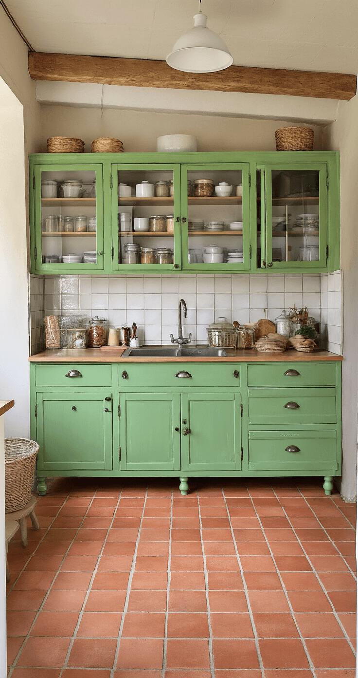 Rustieke landelijke keuken met pistache-groen metalen voorraadkastje, terracotta vloer en balkenplafond, badend in ochtendlicht.