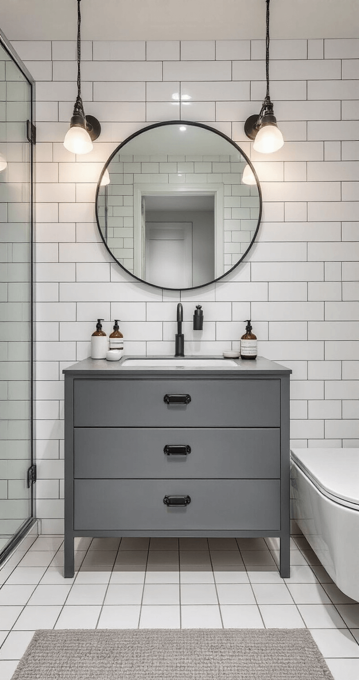 Scandinavische badkamer met poedergrijs metalen medicijnkastje, witte metro tegels, zwarte accenten en diffuus licht door matglas, weerspiegeld in een ronde spiegel.