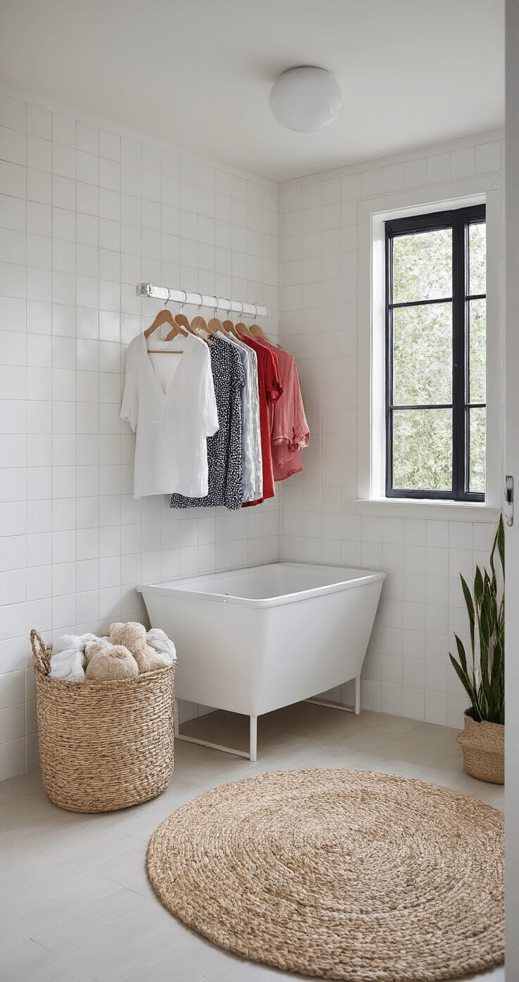 Moderne wasruimte met wit betegelde muren, een hoog raamkozijn dat natuurlijk daglicht binnenlaat, en een uitgeklapt IKEA GRUNDTAL wanddroogrek met kleurrijke handdoeken en shirts. In de hoek staat een wasmand van gevlochten zeegras. Minimalistische inrichting met een kleurenpalet van crisp wit, warmgrijs en pasteltinten.