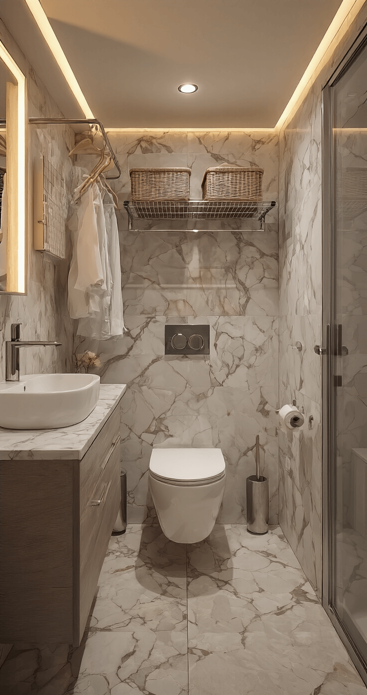Compacte badkamer van een studio-appartement van 2x3m met een half uitgeklapt Leifheit wanddroogrek boven het toilet, bedekt met delicate kledingstukken. Marmerlook tegels tot het plafond en indirecte LED-verlichting creëren een warme sfeer. Lage opname benadrukt de ruimtebesparende functionaliteit met materialen zoals chroom, keramiek en glanzend marmer.