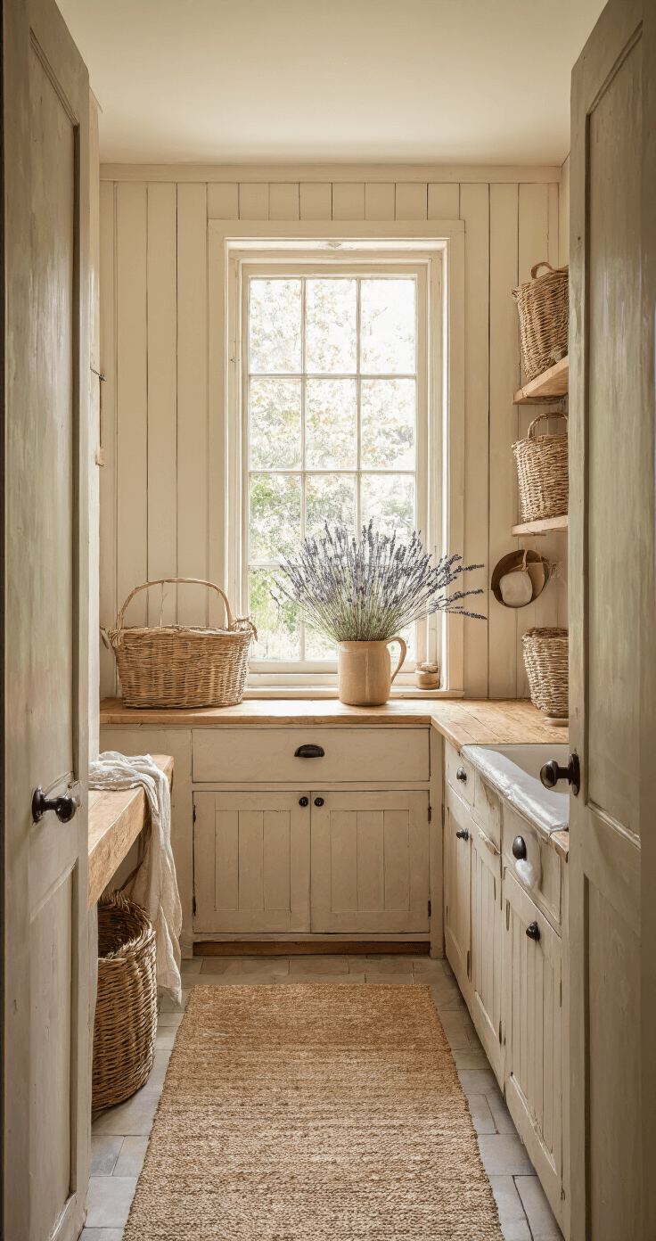 Een knusse bijkeuken met crèmekleurige muren, een houten Vonia wanddroogrek, vintage wasmand, gedroogde lavendel op de vensterbank, en warme middagzon die door een klein raam valt. Rustieke materialen zoals verweerd hout, rieten manden en linnen textiel.
