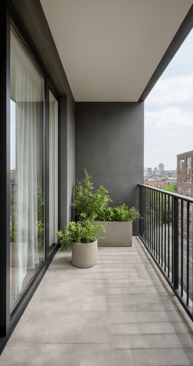 Minimalistisch balkon met glazen balustrade, een aluminium wanddroogrek aan de muur, wapperende witte lakens, vetplanten in betonnen potten en een stedelijk uitzicht op de achtergrond.