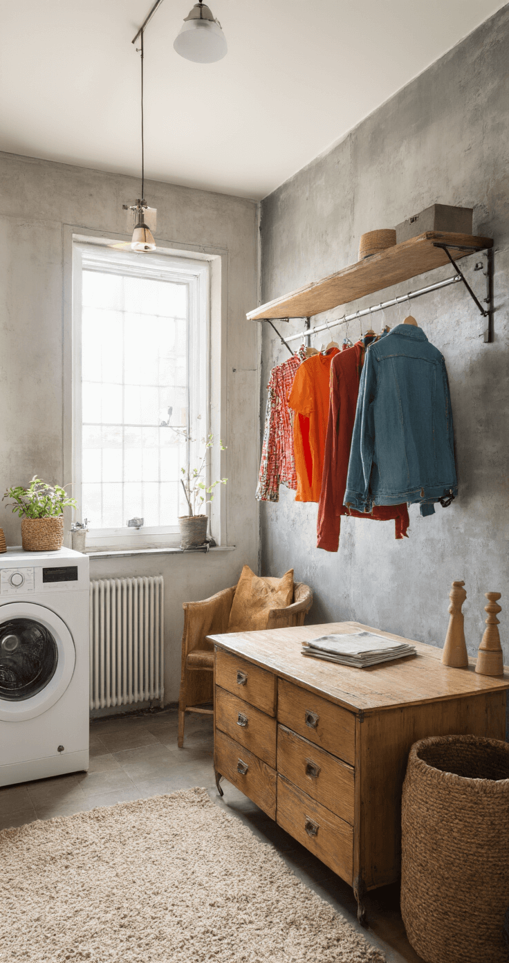 Efficiënte washoek in een studentenkamer met een gegalvaniseerd stalen wanddroogrek en kleurrijke kleding, boven een vintage bureau, sfeervol verlicht door warmwitte wandlampen, in een urban industriële stijl.