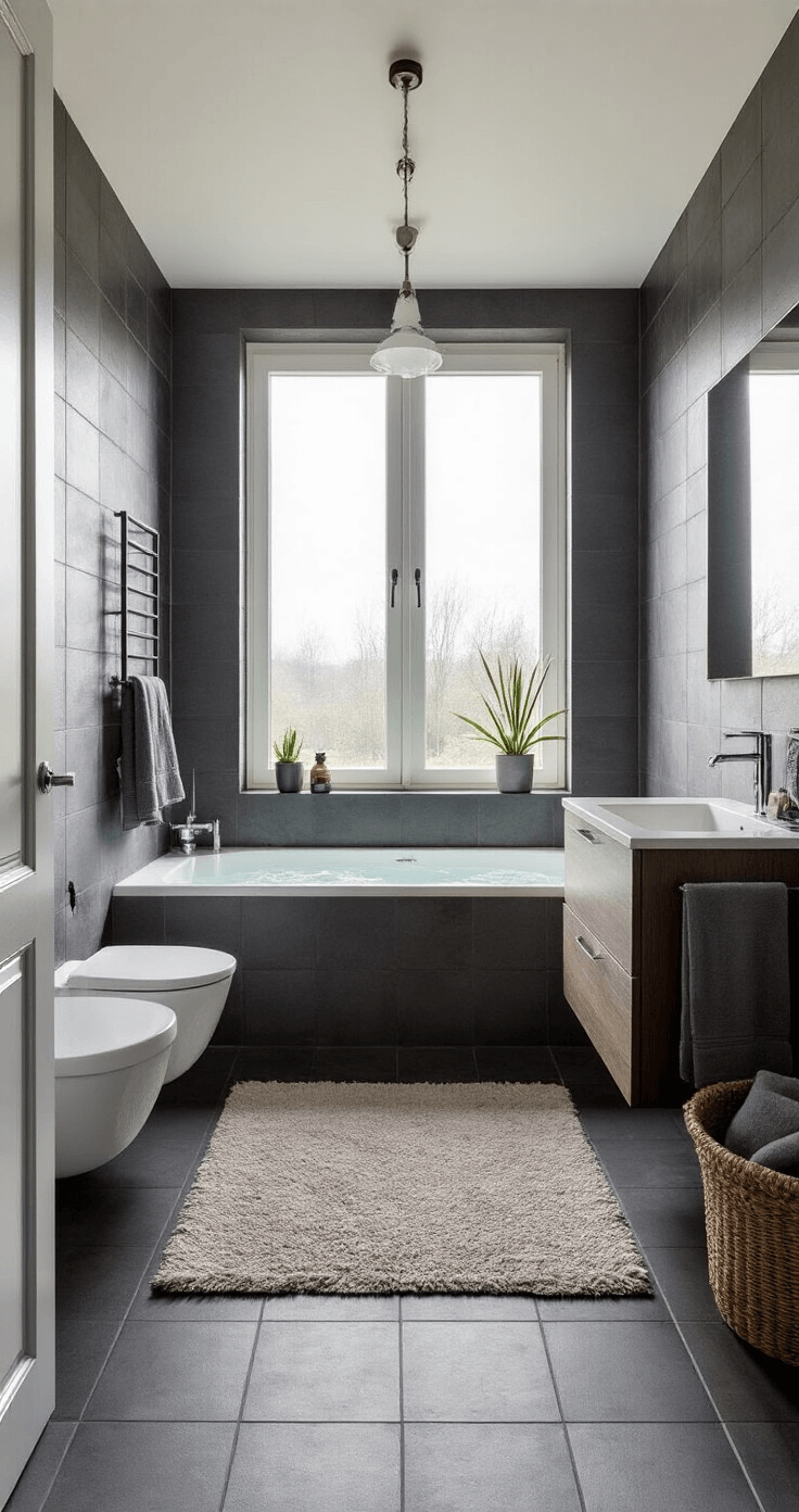 Moderne badkamer met antraciet vloertegels, symmetrische GRUNDTAL rekken, een groot raam met matglas, gestoomde spiegels en handdoeken in grijstinten, gevangen in ochtendlicht met dramatische schaduwen en textuurcontrast.