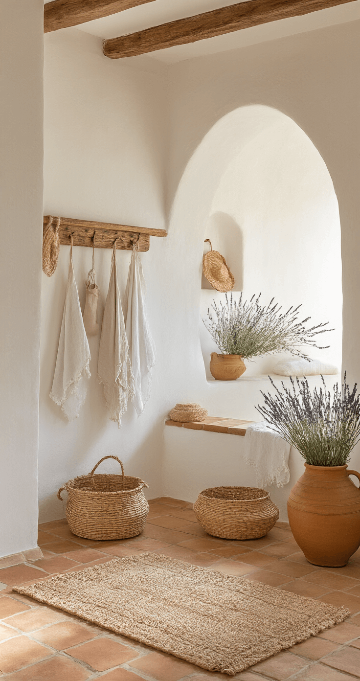 Een sfeervolle mediterrane waskamer met terracotta vloertegels en witgekalkte muren, waarin een handgemaakt houten wanddroogrek met linnen lakens en rieten manden is te zien. Lavendelzakjes en een olijftak in een aardewerken vaas voegen een natuurlijke touch toe, terwijl het gouden namiddaglicht door Spaanse bogen schijnt.