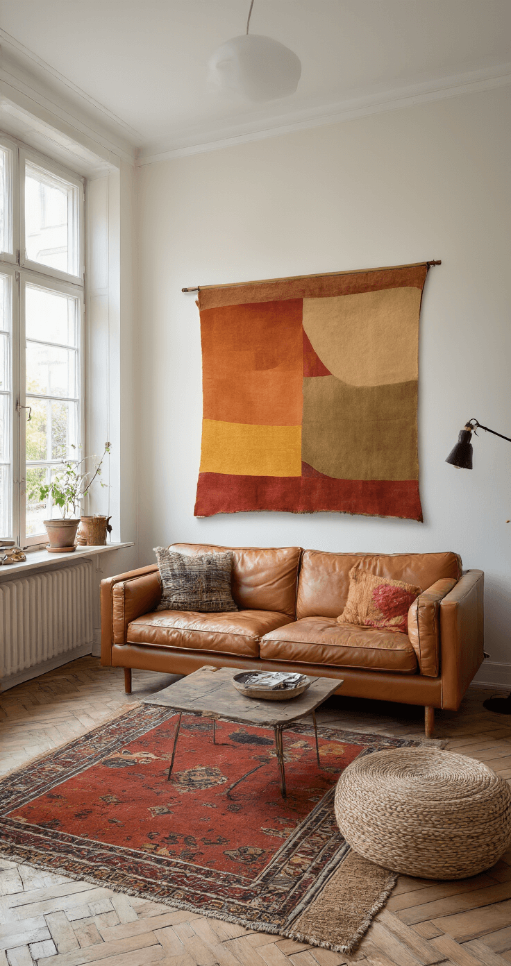 Ruime, lichte woonkamer met grote raampartijen en ochtendzon, een abstract wandkleed in aardetinten boven een cognackleurige leren bank, vintage houten vloer met Perzisch tapijt, gevangen vanuit een diagonaal ooghoogte perspectief.