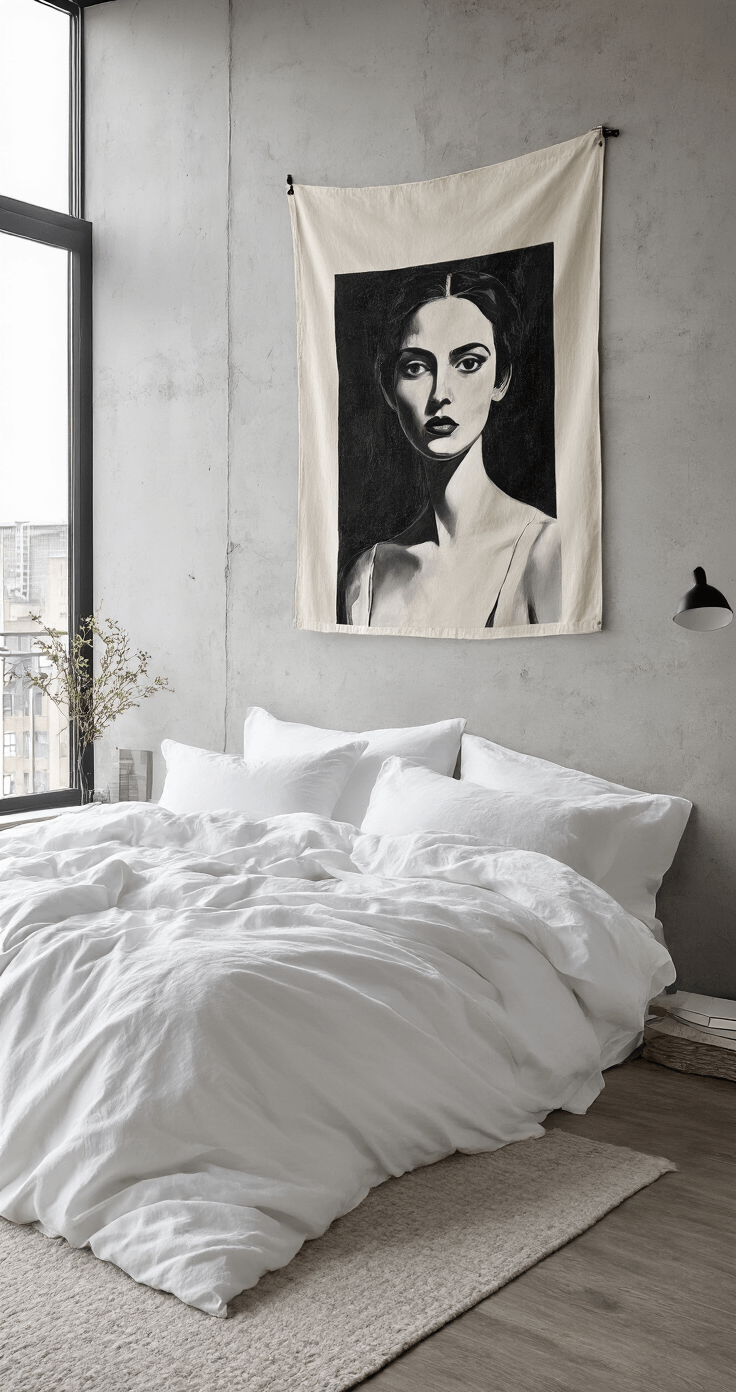 Moderne hoofdslaapkamer in ochtendlicht met minimalistisch zwart-wit wandkleed van een vrouwenportret, crisp wit bedlinnen, betonlook muren en zwarte accenten. Beeld vanuit vogelperspectief, strijklicht accentueert texturen.