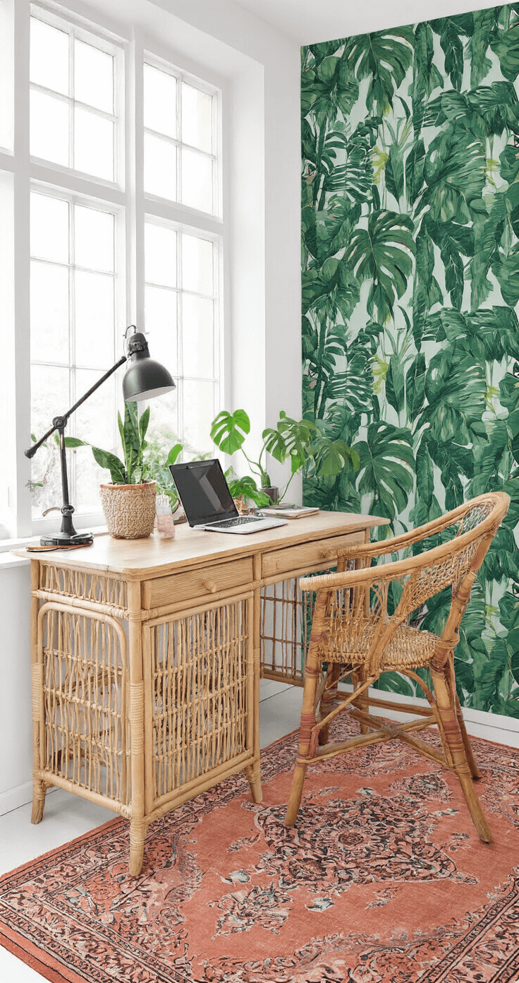 Bohemian thuiskantoor met een imposant regenwoud wandkleed, rotan bureau, monstera plant en vintage tapijt in terracotta tinten, verlicht door namiddaglicht.