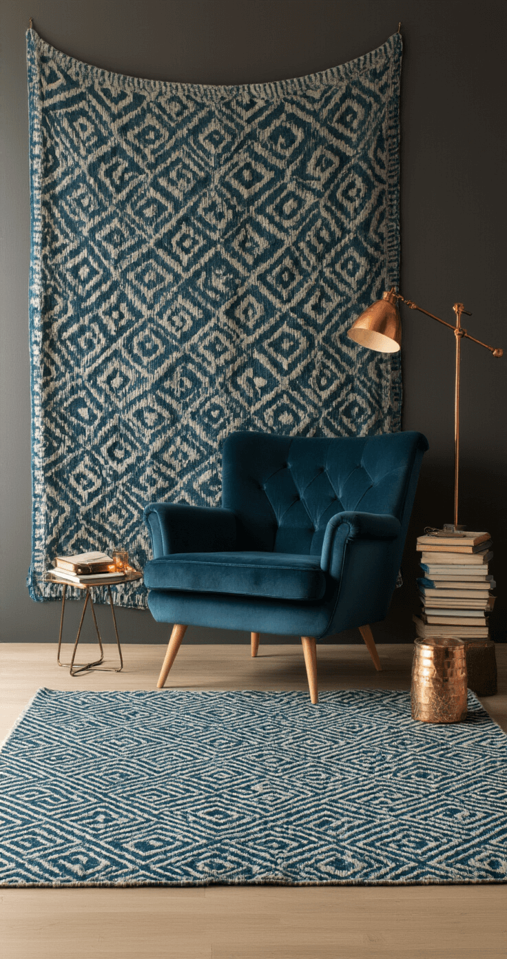 Knusse leeshoek met een wollen wandkleed in geometrische patronen, een diep petroleumblauwe fluwelen fauteuil, en een koperen vloerlamp. Gestapelde boeken creëren een warme avondsfeer onder gerichte spotverlichting, met focus op texturen.