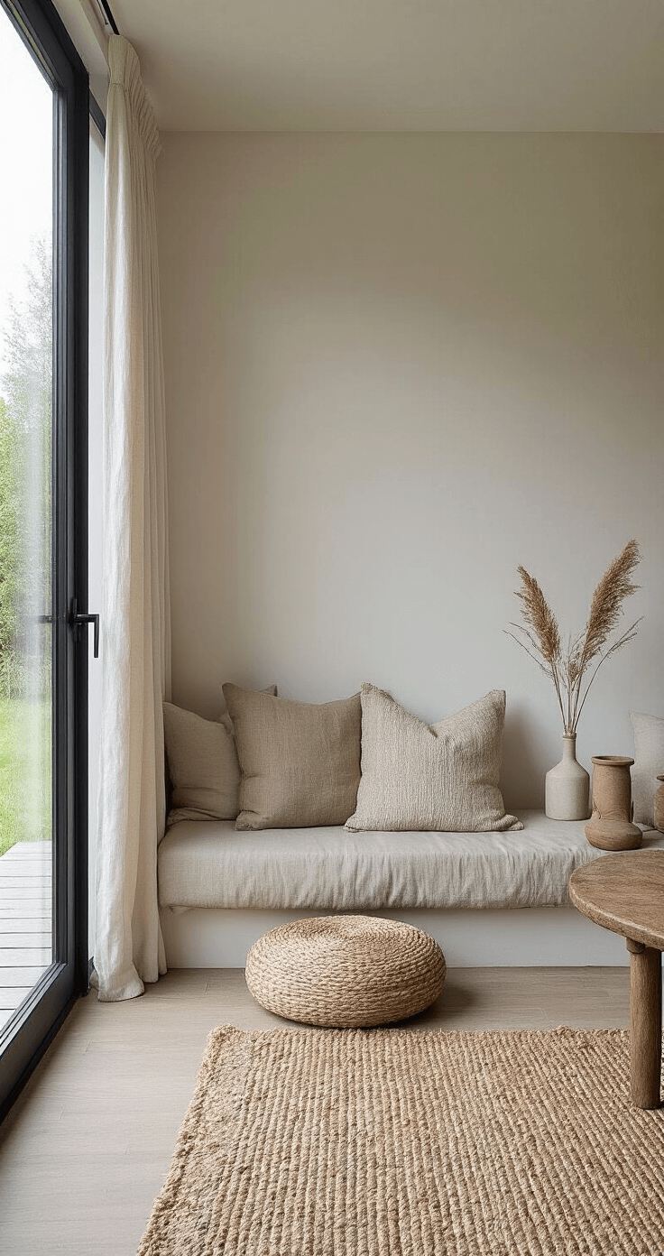 Ruime hal van 3x6 meter met een galerij van kleine wandkleden in diverse formaten. Het ontwerp maakt gebruik van natuurlijke materialen en neutrale kleuren, met authentieke texturen. Indirect daglicht valt binnen via een dakraam, en de afbeelding benadrukt de lengte van de ruimte voor een maximale dieptewerking en patroonherhaling.