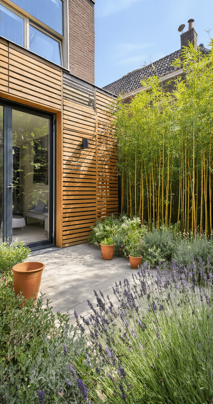 Moderne tuinkamer van 5x6m met glazen schuifdeuren en een elegant weggewerkte warmtepomp in een eikenhouten ombouw. Omringd door bamboe en siergrassen, met terracotta plantenpotten gevuld met lavendel. Ooghoogte foto in natuurlijk daglicht met zachte schaduwen, creëert een harmonieus en uitnodigend gevoel.