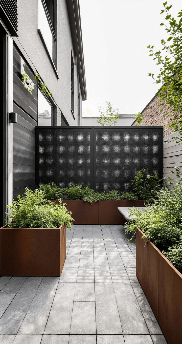 Minimalistische binnenplaats met antraciet natuursteen tegels, geometrische schaduwen in de ochtendzon, strakke aluminium warmtepompombouw in RAL 7016, moderne cortenstalen plantenbakken met wintergroene heesters, en indirecte LED-verlichting voor een urban sophistication sfeer.