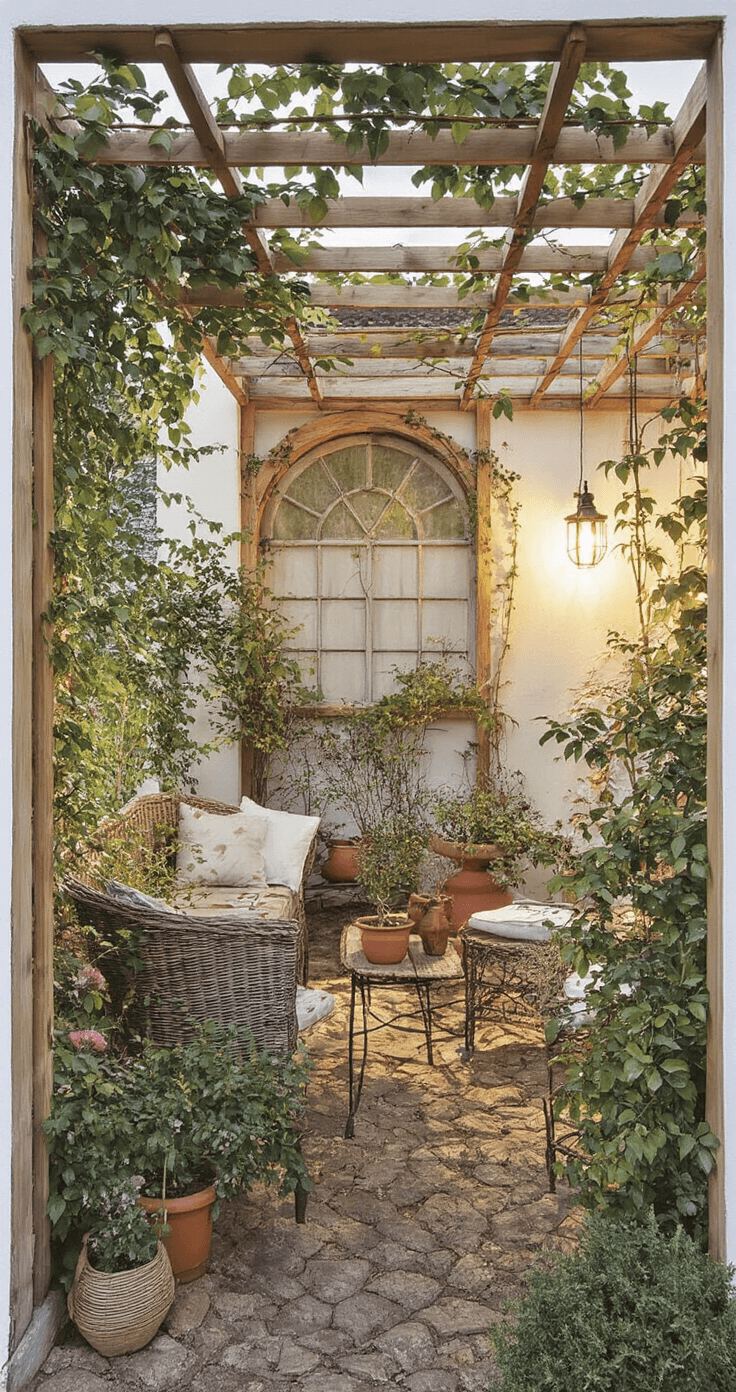 Landelijke tuinhoek met robuuste lariks ombouw, vintage tuinmeubels en terracotta potten vol kruiden, verlicht door warm gouden avondlicht dat door klimop filtert, met romantische rozenstruiken als natuurlijke afscherming.