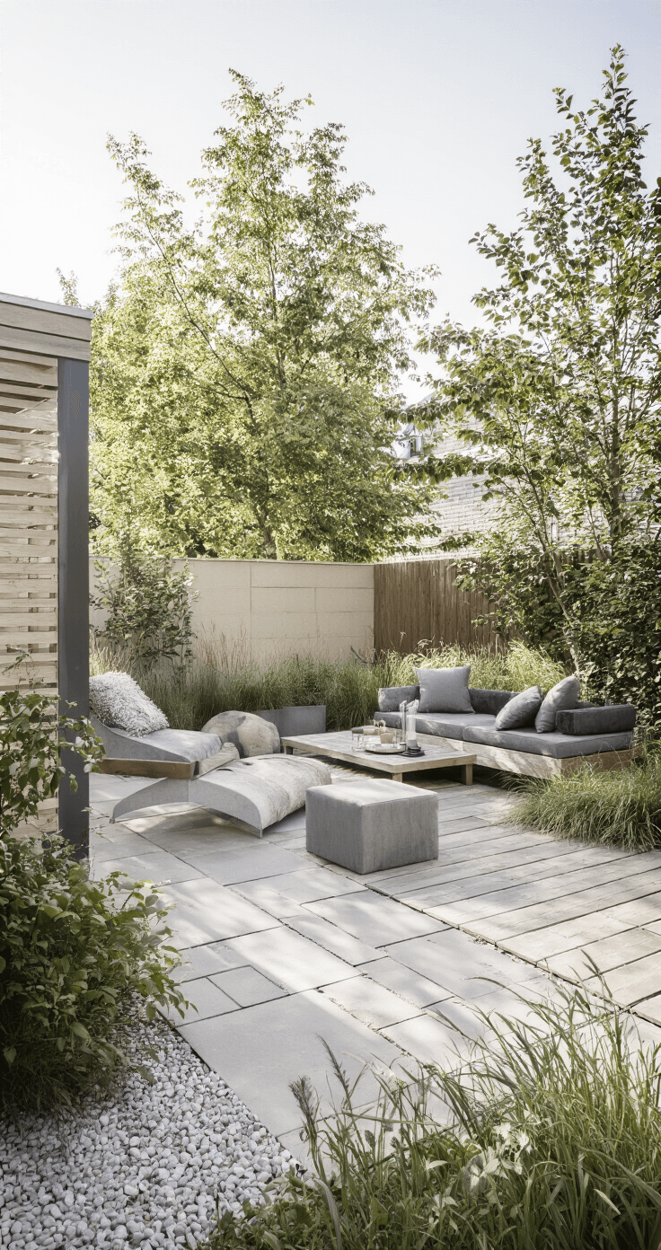 Scandinavische achtertuin met open terras van 6x8m, lichte composiet vlonders, geoliede accoya warmtepompombouw, witte keien, siergrassen en berken, minimalistische lichtgrijze loungeset, diffuse middaglicht, sereen en luchtig.
