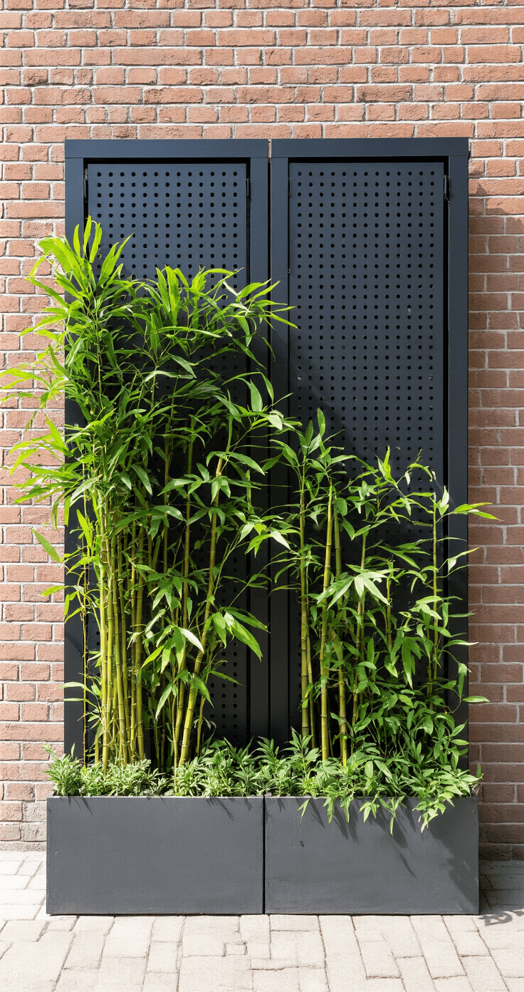 Industriële zijgevel met smalle strook langs bakstenen muur, zwart stalen frame met geperforeerde panelen, verticale tuinwand met varens en klimplanten, betonlook plantenbakken met bamboe, scherp ochtendlicht en hard contrast, urban jungle sfeer.