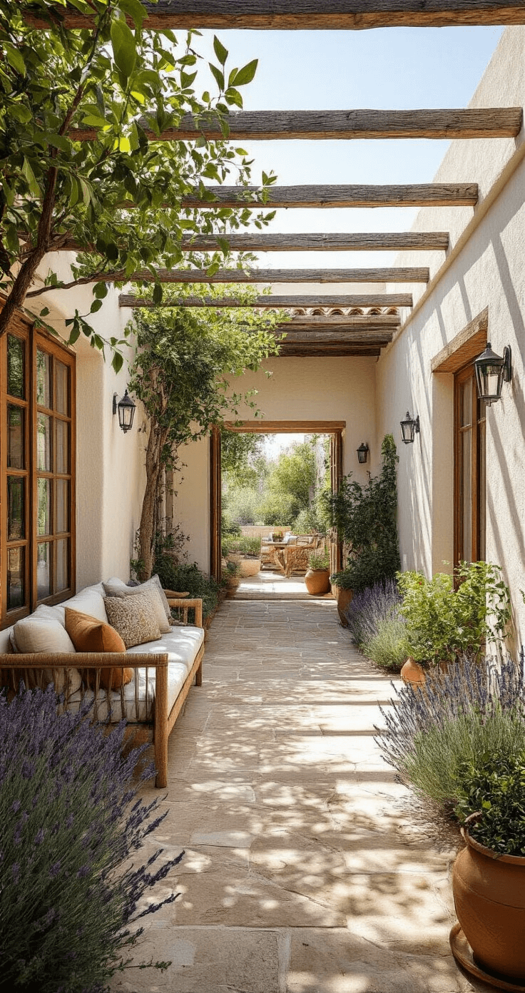 Mediterrane patio met filterende pergola, warme witgepleisterde warmtepompombouw, terracotta potten, olijfboom en lavendelranden, versierd met mozaïekdetails in koele tinten, vastgelegd in intiem perspectief onder mediterraan zonlicht.