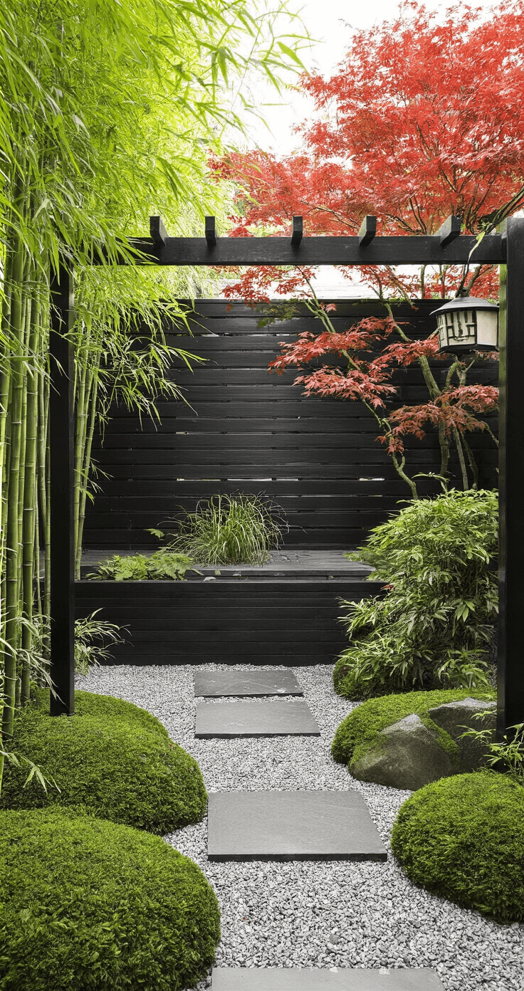 Beeld van een serene Japanse tuin met bamboe dat ochtendlicht filtert, een zwarte houten ombouw met horizontale lijnen, natuurlijke rotsen, varens en maplebomen, traditionele lantaarns en een grindpad, vastgelegd in zacht diffuus licht vanuit een contemplatief perspectief.