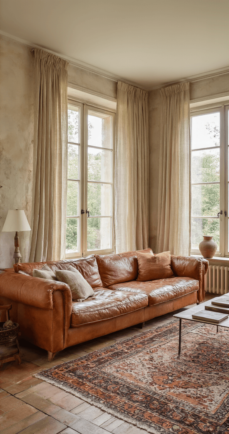 Lichte, ruime woonkamer met grote raampartijen, cognackleurige leren bank, natuurlijke linnen kussens en een vintage Perzisch tapijt. Zwevende eiken wandplanken met keramiek en kunstboeken, warme aardetinten en zacht terracotta. Ochtendzon stroomt binnen door linnen gordijnen, gefotografeerd vanuit de hoek op ooghoogte.